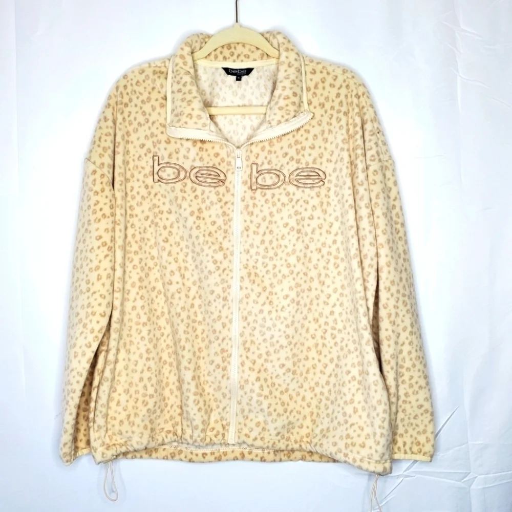 Bebe Animal Print Full Zip Fleece Jacket Size 1X Spell Out Long Sleeve Cozy Soft